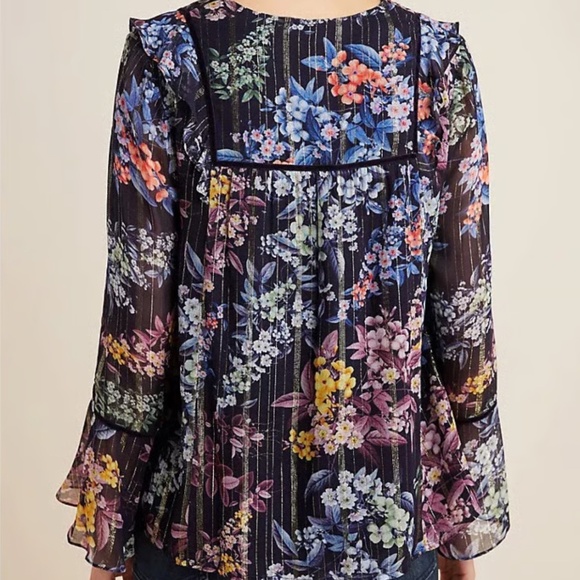Vineet Bahl Anthropologie Floral Embroidered Boho Blouse Bell Sleeves Size S - Picture 2 of 13